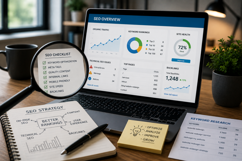 10 Signs Your Business Website Needs a Redesign (And What to Do Next) 3 SEO overview with charts and notes